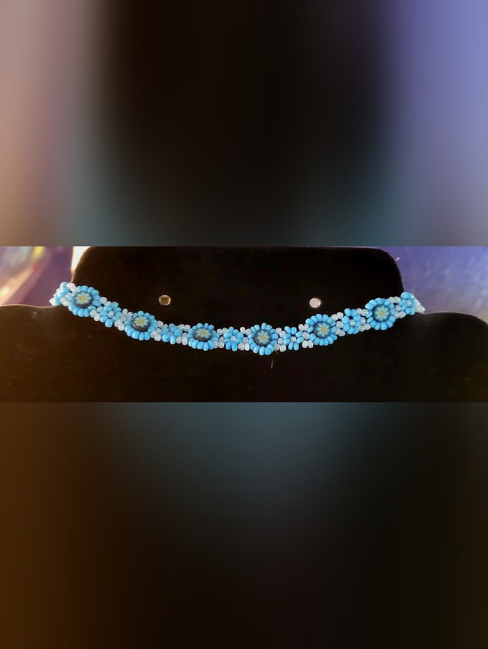 13" Handcrafted ArtisanBlue & White Woven Beaded Daisy Choker Necklace